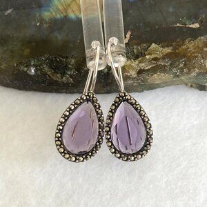 Sterling Silver 925A Thailand Faceted Purple Glass & Marcasite Dangle Earrings